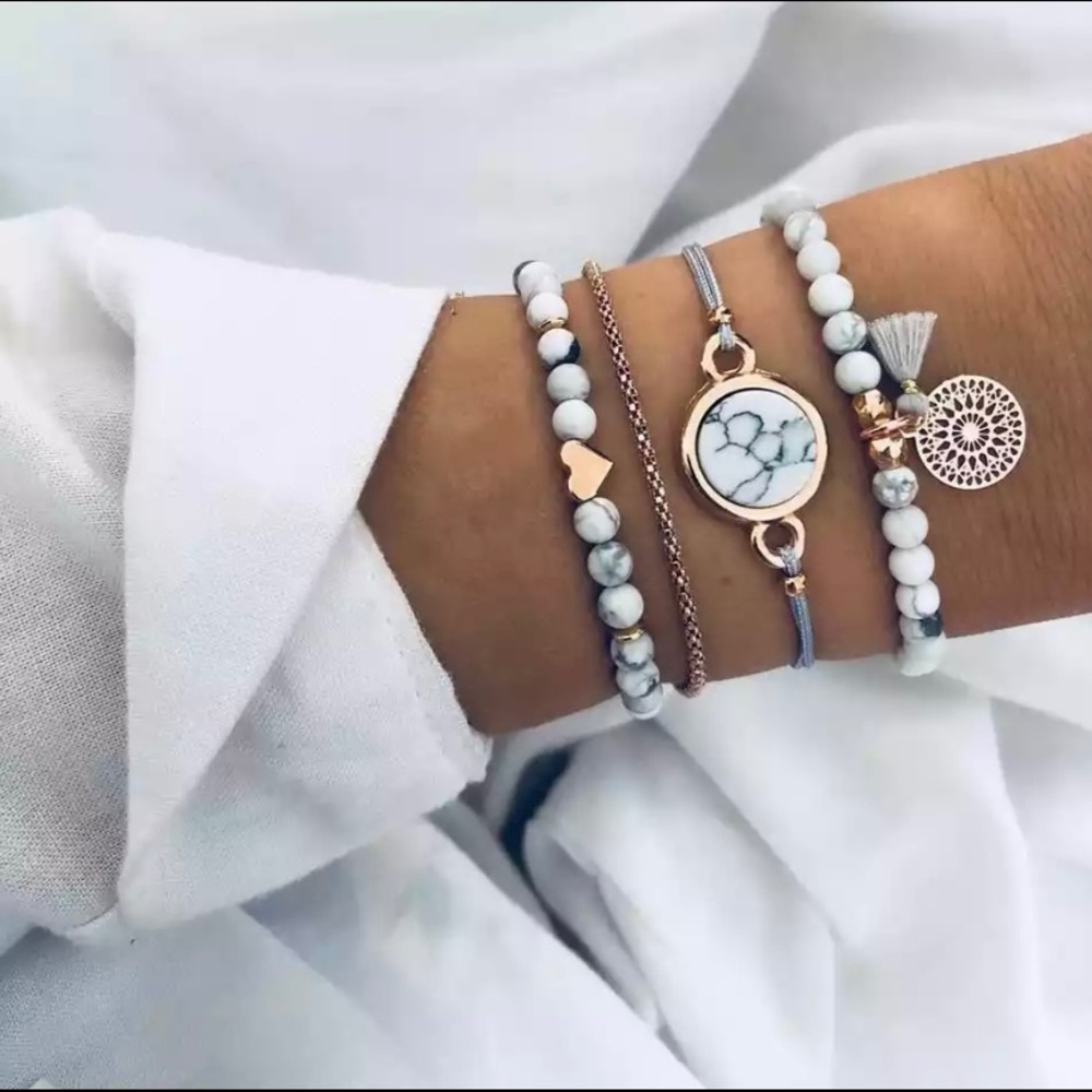 White boho bead bracelet set